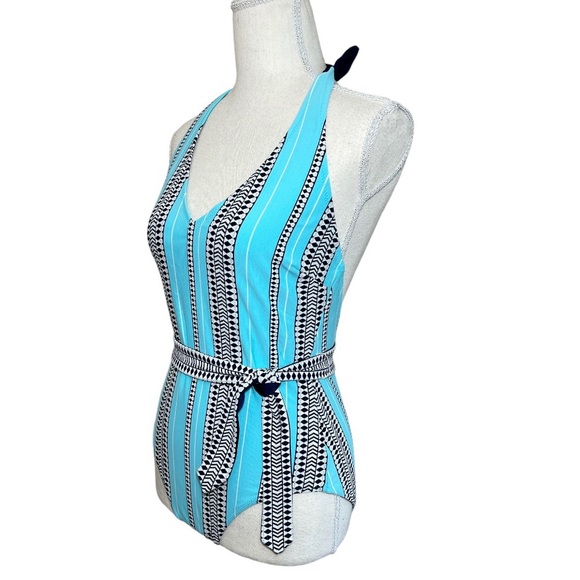 NWT Lemlem turquoise navy white tribal stripe belted swimsuit size medium - Picture 7 of 16